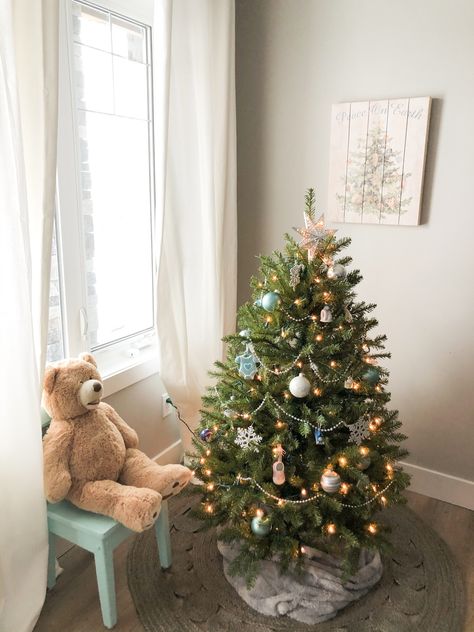 A small scale Christmas tree works perfect in the corner of a children's playroom.  This bushy 4.5 foot tree is an inexpensive option for a Christmas Tree in any room of your home.  A Cute Little Christmas Tree for the Playroom – Valley + Birch #christmastree #littletree #christmasdecor #kidsspaces #playroom #christmasdecorating #christmas Modern Farmhouse Rugs, Organized Playroom, Neutral Holiday Decor, Cozy Christmas Living Room, Christmas Entry, Little Christmas Tree, Small Christmas Tree, Farmhouse Style Christmas, Playroom Organization