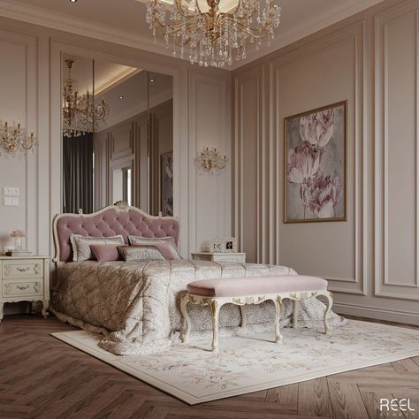 Classic French Bedroom, Fancy Bedroom Aesthetic, Classic Room Bedroom, Classic Interior Design Bedroom, Classic Bedroom Design Luxury, Royal Interior Design, Elegant Pink Bedroom, Bedroom Classic Design, Classy Bedroom Ideas