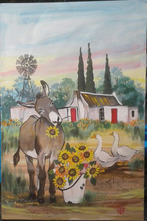 donkey with sunflowers by Wilma Potgieter Maria Oosthuizen, Farm Animal Paintings, Learn Watercolor Painting, Farm Paintings, Paper Works, African Art Paintings, Farm Art, Watercolour Inspiration, Easy Canvas Painting