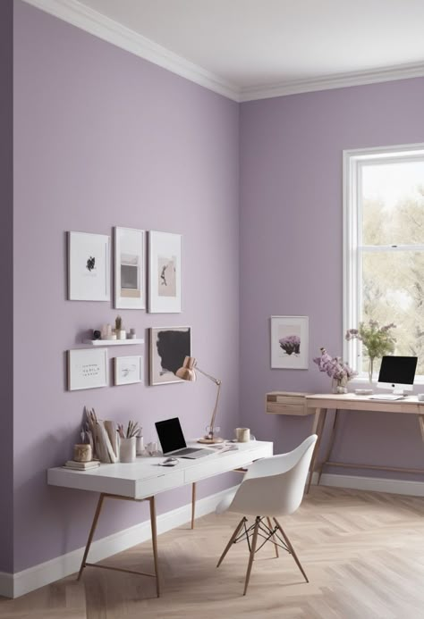 Revitalize your workspace with 2024's Forever Lilac paint trends! 🎨✨ Enhance productivity and style with this soothing hue. Check out our latest office makeover ideas now! #OfficeDesign #ForeverLilac #2024Trends #WorkspaceInspiration #OfficeMakeover Lilac Painted Room, Lilac Home Office, Lilac Office Decor, Lilac Office Ideas, Lavender Room Color, Home Office Purple, Lavender Office Ideas, Home Office Wall Paint, Lavender Paint Bedroom