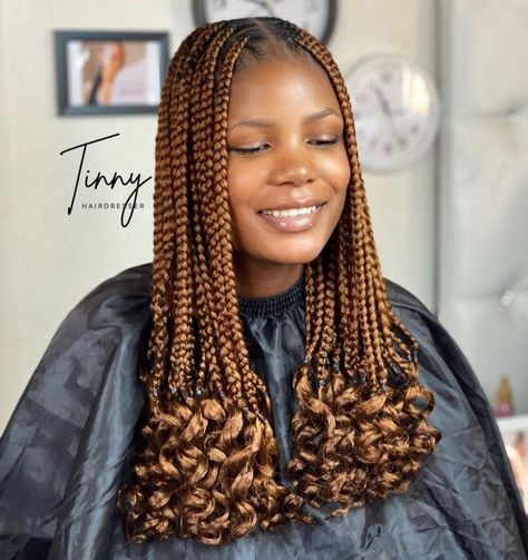 Mid-Length Box Braids with Curled Ends Box Braids With Curled Ends, Goddess Plaits, Braids With Curled Ends, Thick Box Braids, Purple Box Braids, Burgundy Box Braids, Red Box Braids, French Curls, Black Box Braids