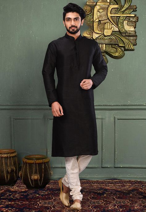 Readymade Art Dupion Silk Kurta in Black This Collar Neck and Full Sleeve attire is Allured with Moulded Button Available with an Art Dupion Silk Churidar in Off White Do note: Footwear shown in the image is for presentation purposes only. Half to one inch may vary in measurement. (Slight variation in actual color vs. image is possible) Black Silk Kurta For Wedding, Traditional Black Silk Kurta, Black Long Sleeve Cotton Silk Kurta, Black Silk Straight Kurta, Sleevless Coat, Black Semi-stitched Silk Kurta, Silk Churidar, Vs Image, Kurta Dress