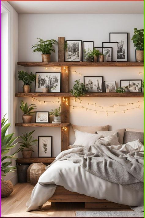 Rustic Bedroom Shelving, Bedroom Shelf Storage Ideas, Wood Shelves For Bedroom, Floating Shelf Over Queen Bed, Shelf Wall Behind Bed, Plants Over Bed Shelf, Floating Shelves Small Spaces, Inspired Modern Bedroom, Japanese Boho Decor