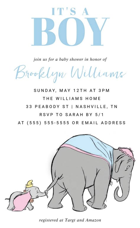 Disney's Dumbo & Jumbo Boy Baby Shower Invitation Dumbo Gender Reveal Ideas, Dumbo Themed Baby Shower Ideas, Baby Dumbo Baby Shower Ideas, Dumbo Baby Shower Ideas, Dumbo Baby Shower Theme Boys, Dumbo Nursery Ideas, Dumbo Themed Dinner, Birth Calendar, Dumbo Baby Shower Theme