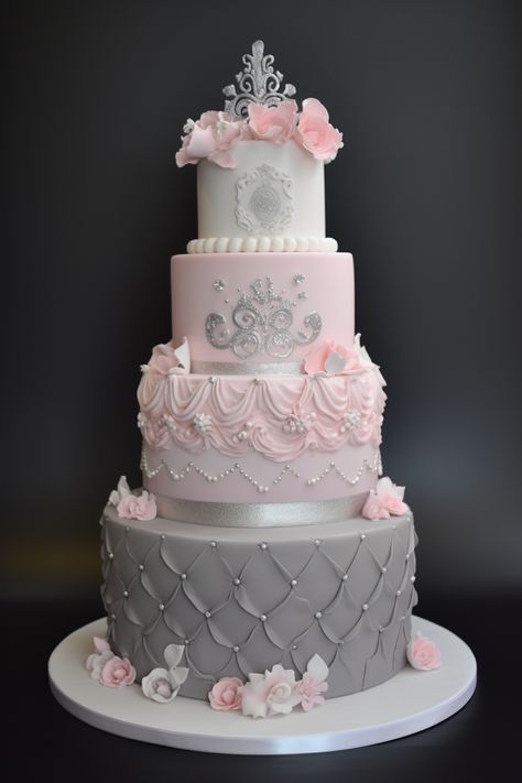 3 Layer Cake Design Debut, Sweet 16 Cake Ideas 3 Tier, Pink And Grey Sweet 16 Party, Pink And Silver Wedding Cake, Pink White And Silver Sweet 16 Decorations, Pink And Silver Quince, Quince Cakes Pink, Silver And Pink Cake, Pink And Gray Wedding Theme