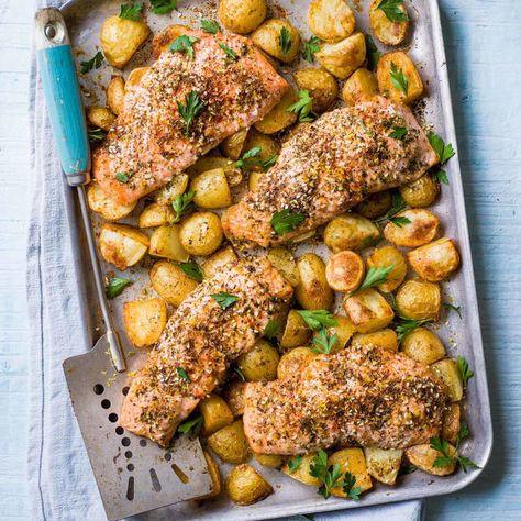 Coeliac Recipes, Slow Roast, New Potato, Roasted Salmon, Salmon Fillets, Salmon Recipes, Chicken Wings, Healthy Dinner, Yummy Food