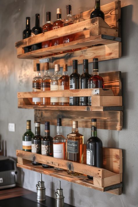 85 Creative DIY Bar Shelf Ideas You'll Love (2024) Bar Counter Wall Design, Bar Design Basement, Diy Bar Shelf, Nook Coffee Bar, Diy Bar Shelf Ideas, Diy Bar Shelves, Wall Bar Ideas, Bar Cabinet Kitchen, Bar Shelf Ideas