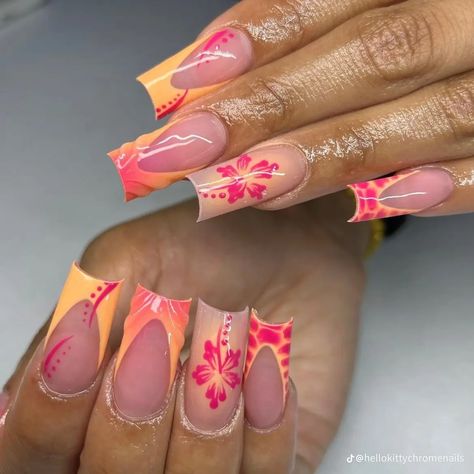 Fall Nails 3d, Hawaiian Nails, Cruise Nails, Tropical Nails, Girly Acrylic Nails, French Acrylic Nails, Nails Fake, Acrylic Nails Coffin Pink, Cleansing Wipes