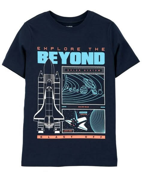 Brand New Good Quality Boys 100% cotton Tee top Size 12 with Tags 3, 2, 1... Explore the beyond in this super cool tee made with soft cotton jersey and a spaceship ready for blast off! Features: Short sleeves Soft cotton jersey Screen-print graphic Fabric & Care: 100% cotton jersey Neons: 60% cotton, 40% polyester Imported Machine washable 100 % Brand New Contact me for any extra information! Shipments are processed within 2 business day of cleared payment. (excluding holidays).Please make s Boys Prints, Solar System Planets, Space Shirts, Shirt Design Inspiration, Rocket Ship, Boys Graphic Tee, Kids Graphic Tees, Boys T Shirts, Tee Design