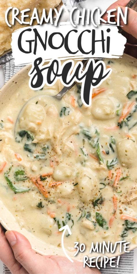 Turn your leftover rotisserie chicken into a creamy bowl of Chicken Gnocchi Soup in just 30 minutes! With fresh spinach, potato gnocchi, Italian herbs, and parmesan, this easy weeknight meal will warm you up from the first spoonful to the last. #soup #chicken #gnocchi Rotisserie Chicken Gnocchi, Soup Chicken Gnocchi, Gnocchi Italian, Creamy Chicken Gnocchi Soup, Creamy Chicken Gnocchi, Creamy Garlic Parmesan Chicken, Spinach Potato, Rotisserie Chicken Breast, Leftover Rotisserie