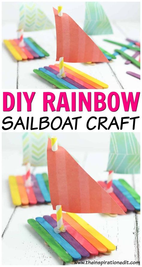 Sail Boat Crafts, Popsicle Stick Boat, Boat Craft, Sailboat Craft, Summer Preschool Crafts, Boat Crafts, Transportation Crafts, Make A Boat, Diy Rainbow