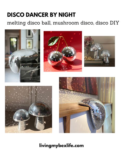 disco ball home decor, disco DIY, melting disco ball, mushroom disco ball Disco Ball Home Decor, Disco Ball Home, Disco Diy, Melting Disco Ball, Mushroom Disco Ball, Mcm Living Room, Ball Sculpture, Mid Century Modern Decor, Home Decor Diy