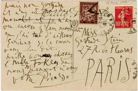 Picasso postcard Gertrude Stein, Jean Cocteau, Georges Braque, Mail Art, Letter Writing, Pablo Picasso, Post Cards, Vintage Postcards, Love Letters