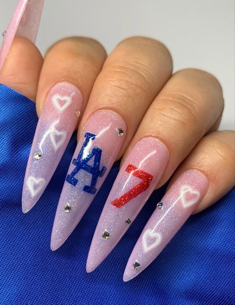 Dodger Tattoos For Women, Los Angeles Dodgers Nails, Dodgers Nails Designs, Dodgers Nails, Dodger Nails Designs, Dodger Blue Nails, Dodger Nails Designs Los Angeles, La Dodgers Custom Shoes, Dodger Nails