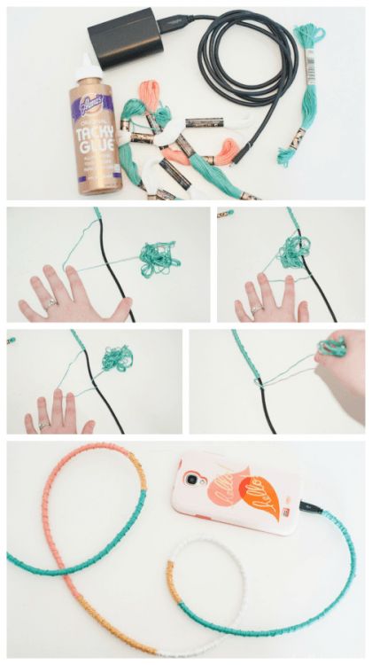 DIY Wrapped Phone Charger Cord - pretty up your boring phone charger in minutes with this easy craft idea! Follow the tutorial (which also teaches you a friendship bracelet technique) and never misplace your charger again. Wrapped Charger Cord, Wrapped Charger, Phone Charger Diy, Diy Headphones, Diy Chargers, Astuces Diy, Diy Wrap, Making Bracelets, Charger Cord