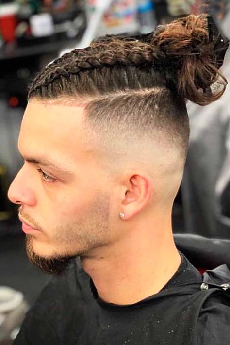 Mens Braided Bun, How To Braid Mens Hair, Braid Styles For Men Long Hair, White Guy With Braids, Braid Man Bun, Braid Styles For Men With Fade, Kyle Hair, French Braids Men, Buzz Fade