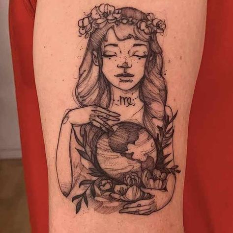 Virgin virgo tattoo by @jebel_art Virgo Virgin Tattoo, Virgo Drawing Zodiac, Virgo Sagittarius Tattoo, Virgo Goddess Art, Abigail Tattoo, Virgo Maiden Tattoo, Virgo Tattoo Designs For Women, Virgo Inspired Tattoo, Virgo Goddess Tattoo