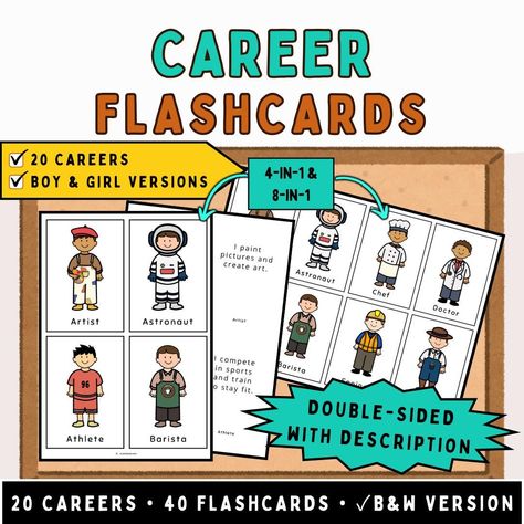 Career & Community Helper Flashcards | With Description Engage your students with this set of 20 fun and colorful job/occupation/community helper flashcards, perfect for learning about different careers! Each flashcard comes in two versions--one featuring boys and another featuring girls, helping to provide diverse representation. This resource includes: - 20 Careers -- 40 Flashcards (with boy and girl illustrations) Perfect for language learning, career-themed lessons, or classroom centers, these cards are versatile and ready to use. Simply print, cut, and laminate for long-lasting use! Format: PDF (Google Drive Link will be provided upon purchase) Community Helpers Flashcards, Different Careers, Classroom Centers, Girl Illustrations, Community Helper, Career Exploration, Community Helpers, Illustration Girl, Boy And Girl