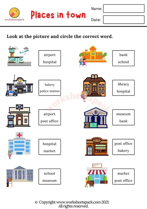 Places in town #worksheets circle the correct word for each picture. Middle School Grammar Worksheets, Special Education Worksheets, Ingles Kids, Places In The Community, Word Puzzles For Kids, English Homework, Community Places, Describing Words, English Education