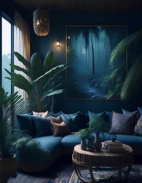 Midnight Jungle Living Room Dark Navy Living Room, Jungle Living Room Ideas, Midnight Blue Living Room, Peacock Blue Living Room, Dark Blue Living Room Decor, Narrow Front Porch Ideas, Jungle Living Room, Porch Upgrades, Loft Aesthetic