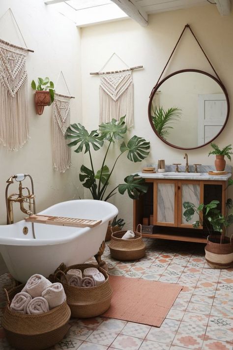 Cozy bohemian bathroom featuring a freestanding tub, macramé wall hangings, indoor plants, and stylish decor with towels in woven baskets Boho Bathrooms Bohemian, Cozy Spa Bathroom, Bathroom With Lots Of Plants, Planty Bathroom Ideas, Earthy Boho Bathroom Ideas, Bathroom Plants Decor Ideas, Bohemian Bathroom Decor Ideas, Boho Chic Bathroom Ideas, Holistic Bathroom