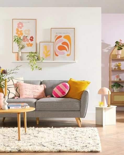 8 Ways To Use Dopamine Décor To Boost Your Happiness At Home | Furniture & Choice Grey Sofa Bright Living Room, Grey And Colorful Living Room, Bright Living Room Grey Couch, Grey Home Decor With Pops Of Color, Light Grey Sofa Living Room Ideas Colour, Colourful Living Room Grey Couch, Grey Sofa Colorful Living Room, Multi Coloured Living Room, Grey Colorful Living Room