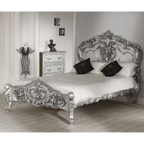 Ornate silver bedroom bed Classy Bedroom Furniture, Silver Bedroom Furniture, Rococo Table, Silver Painted Furniture, Silver Bed, Silver Bedding, Antique French Bed, French Furniture Bedroom, French Style Bed