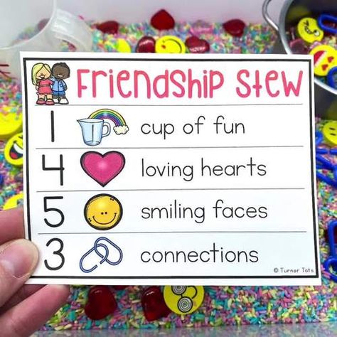 Friendship Activity Counting Sensory Bin by Turner Tots | TPT Recipe Sensory Bins, Manners Sensory Bin, Sharing Theme Preschool Activities, Friendship Stew Sensory Bin, Mail Sensory Bin, Kindness Sensory Activities, Friendship Fine Motor Preschool, Friendship Sensory Bin Preschool, Friendship Stew Preschool