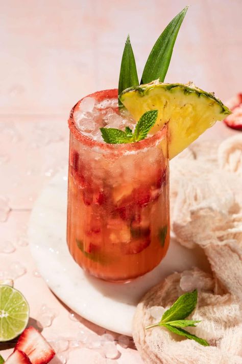 Virgin Strawberry Pineapple Mojito Mocktail Recipe Margarita Mocktail Recipe, Refreshing Mocktail, Pineapple Mojito, Strawberry Sugar, Mojito Mocktail, Pineapple Mint, Malibu Coconut, Chopped Pineapple, Strawberry Mojito