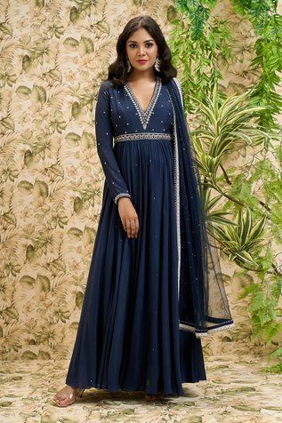 Ariyana Couture Sequin And Bead Work Anarkali Set | Blue, Sequin, Anarkali-viscose Georgette, Plunge V Neck, Full Anarkali Neck Designs, Blue Anarkali Dress, Anarkali Designs, Sheer Dupatta, Anarkali With Dupatta, Desi Vibes, Blue Anarkali, Function Dresses, Butterfly Net