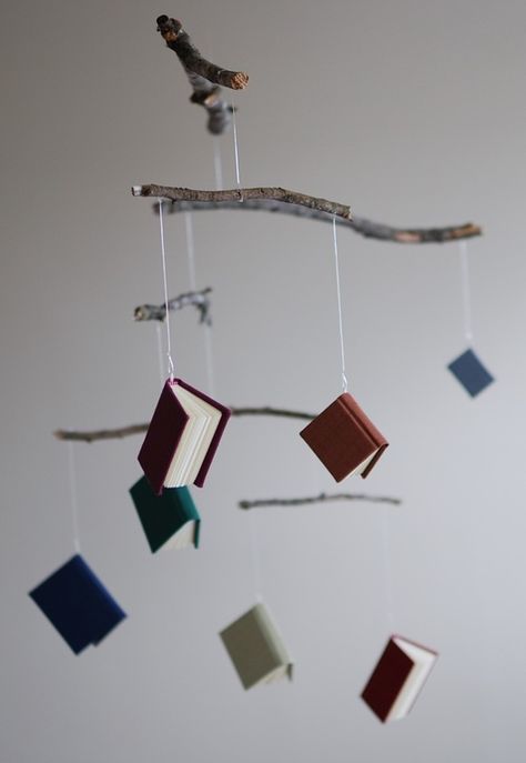 Book Of The Month Display, Hanging Books, Book Mobile, Baby Boy Book, Floating Books, Mini Library, Contemporary Books, Book Cafe, Mobile Art