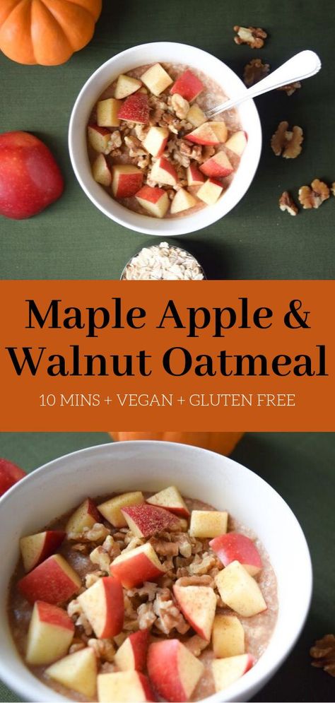 This healthy maple apple and walnut oatmeal is a great breakfast comfort food. Warming cinnamon, crisp apples, crunchy walnuts, and hearty oats make this a filling breakfast that's ready in under 10 minutes. Apple Walnut Oatmeal, Cinnamon Crisp, Walnut Oatmeal, Apple Walnut, Breakfast Oatmeal Recipes, Walnut Recipes, Apple Oatmeal, Filling Breakfast, Oatmeal Breakfast