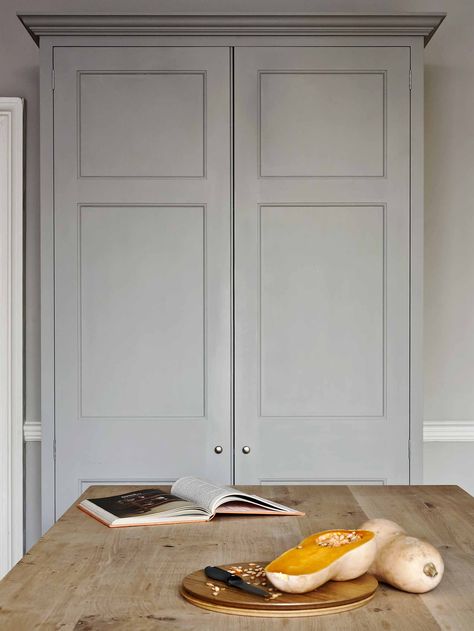 Larder cupboard painted in Little Greene Paint Company 'French Grey 113' and finished with Satin Nickle knobs Little Greene French Grey, Boiler Cupboard, Small Kitchen Dining Room Combo, Simple Cupboard, Oak Kitchens, Georgian Kitchen, Plain English Kitchen, English Classic, Larder Cupboard