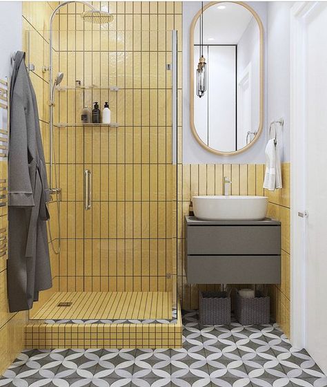 Pinterest Bathroom, Yellow Bathroom Decor, Tiled Bathroom, Patterned Floor Tiles, Bathroom Shower Tile, Room Tiles, Yellow Bathrooms, Trendy Bathroom, Grey Flooring