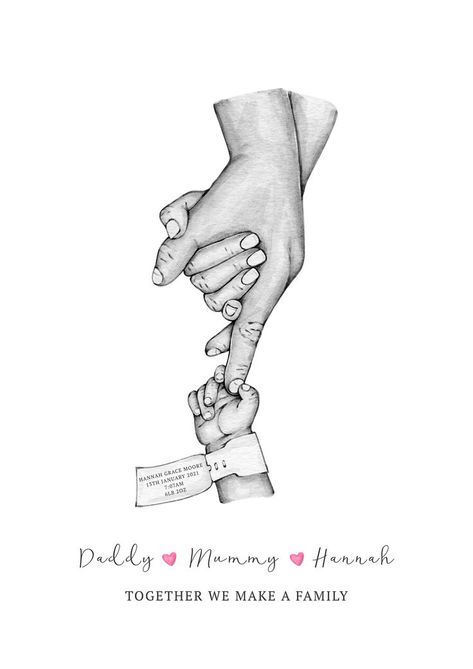 Hand Print Mothers Day, Anniversary Drawing Ideas, Baby Hand Tattoo, Tato Jam, Anniversary Drawing, Mother Father And Baby, Family Hand Prints, Ballerina Illustration, Baby Tattoo Designs