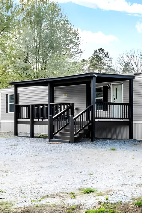 Yard Landscaping Mobile Home, Trailer Diy Ideas Mobile Homes, Trailer Home Porch Ideas, Diy Trailer Porch Mobile Homes, Front Porch Ideas Trailer, Back Porch For Mobile Home, Grey And Black Mobile Home Exterior, Front Porch Diy Makeover, Front Porch Trailer Home