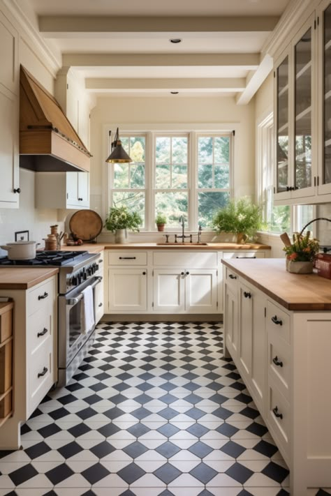 Modern Small Farmhouse Kitchen Design with Apron Sink and Checkered Tiles White Kitchen Checkered Floor, Old House Renovation Kitchen, Small Home Renovation Ideas, Old Farmhouse Aesthetic, Cozy Room Ideas, European Farmhouse Kitchen, Room Ideas For Men, Lanterns Chinese, Light Photoshoot