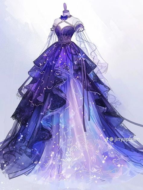 Fantasy Dresses Purple, Purple Fancy Outfits, Purple Fantasy Dress, Beautiful Princess Dresses, Star Dresses, Blue Clothes, Magical Dress, Dress Design Drawing, Clothing Design Sketches