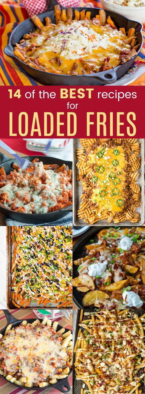 14 of the Best Loaded Fries Recipes - these loaded French fries covered in toppings are amazing. Takes poutine to a new level! #frenchfries #loadedfries #loadedfrenchfries #poutine #discofries #sweetpotatofries #fries Fries For Dinner, French Fries Meals, Toppings For French Fries, French Fries With Toppings, Covered French Fries, Loaded Fry Recipes, Fries Toppings Ideas, Fries With Toppings, French Fries Toppings Ideas