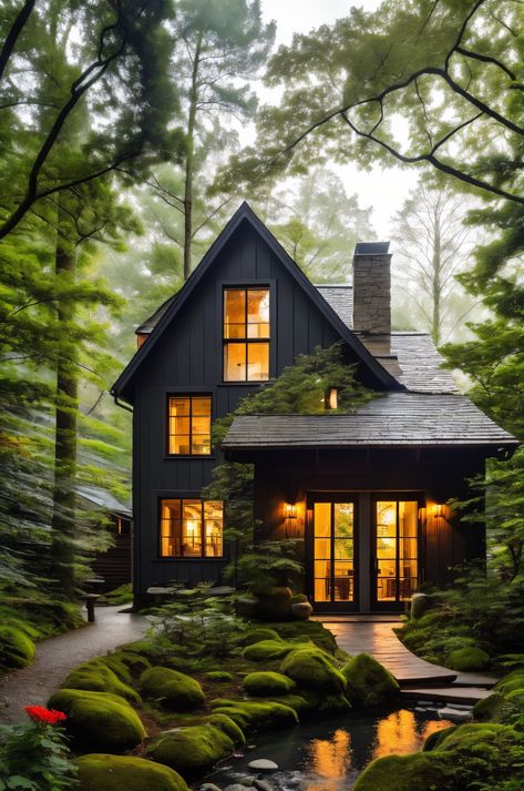 Cozy cottage in a foggy forest glen. Mossy roof, stone chimney, and glowing windows create a fairytale charm. #FairytaleCottage #ForestGlen #CozyVibes House In The Forest Aesthetic, Cottage In Forest, Whimsical Cabin, Forest Landscaping, Houses In Ireland, Forest Homes, Enchanted Cottage, Stone Chimney, Charming Cottage