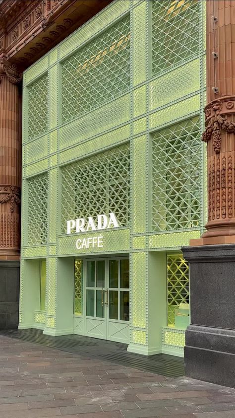 Store Facade Design, Prada Cafe, Store Front Design, London Cafes, Anthropologie Gifts, Container Coffee Shop, Prada Store, Prada 2023, Building Decoration