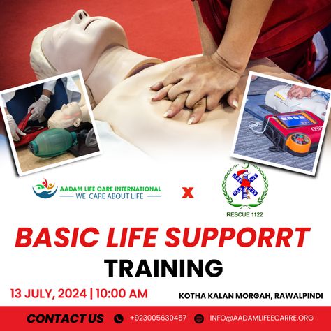 We are pleased to invite you to participate in a Basic Life Support (BLS) Training session organized by Aadam Life Care in collaboration with Rescue 1122 on Saturday, 13th July 2024, at Aadam Life Care Center Kotha Kalan.

This training is an excellent opportunity to enhance your life-saving skills and gain essential knowledge on providing immediate care in emergencies.

#ukcharity #1122 #rescue #disabilitysupport #alccommunity #communitysupport #aadamlifecare Bls Training, Basic Life Support, Life Support, Life Care, Saving Lives