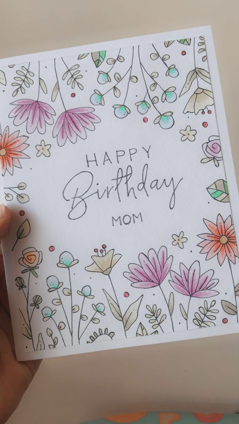 Cute Flower Birthday Card, 50 Birthday Card Diy, Mom B Day Cards, Drawing For Grandma Birthday, Mom Birthday Drawing, Mum Birthday Card Ideas, Happy Birthday Mom Drawing, Bday Cards For Mom, Creative Birthday Cards For Mom