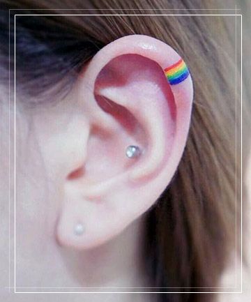 Somewhere Over the Rainbow Rainbow Tattoo Behind Ear, Lgbtq Minimalist Tattoo, Pride Ear Tattoo, Subtle Lgbtq Tattoos, Gay Tattoos, Ally Tattoo Lgbtq, Gay Tattoo, Crescent Moon Tattoo, Pride Tattoo