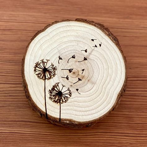 Munsell Made Wood Burned Dandelion, Wood Burning Ideas Patterns, Wood Burning Coasters, Coaster Design Ideas, Dandelion Illustration, Wood Slice Coasters, Personalized Wood Coasters, Engraved Wood Coasters, Bird Coasters