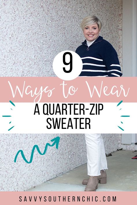 With so many ways to style it, the quarter zip sweater is the perfect layering piece to keep your wardrobe looking fresh while staying comfortable. Wear it in classic outfits with jeans and boots or wear one with your athleisure outfits. Check out 9 ways to wear a quarter zip sweater. Quarter Zip Work Outfit, How To Style A Quarter Zip, Blue Quarter Zip Outfit, Outfits With Jeans And Boots, Quarter Zip Sweatshirt Outfit, Quarter Zip Pullover Outfit, Zipper Sweater Outfit, Quarter Zip Outfit, Outfits With Jeans