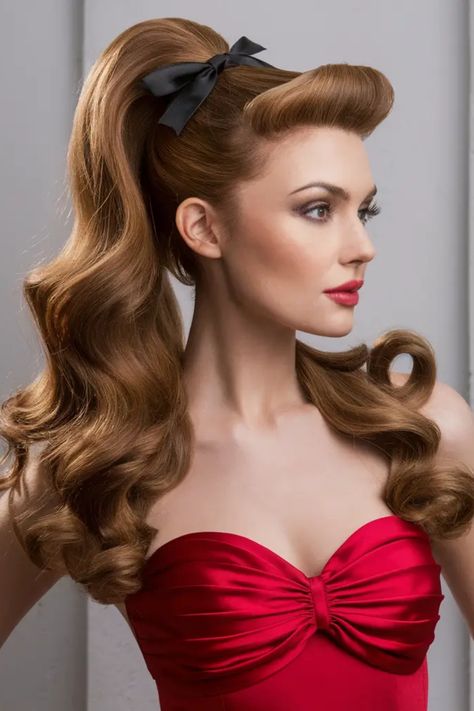 Woman with long, wavy hair styled in a high ponytail adorned with a black bow, wearing a red strapless dress. 50s Ponytail Hairstyles, Pinup Ponytail, 50s Ponytail, Retro Ponytail Hairstyles, Effortless Ponytail, Simple Ponytail Hairstyles, Ponytail Looks, Retro Ponytail, Look Good Everyday