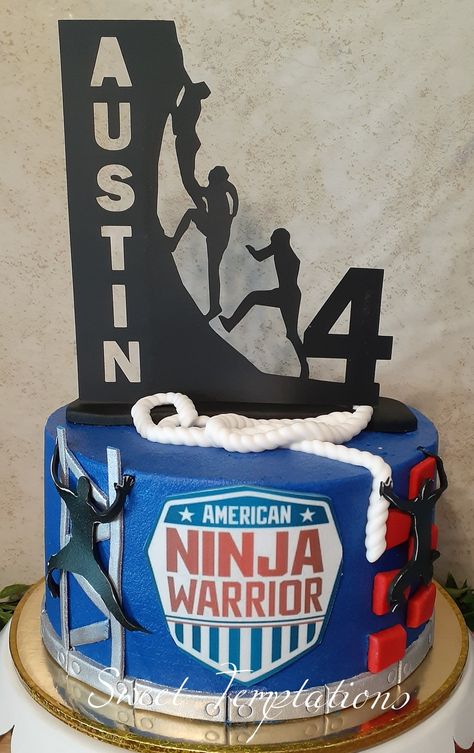 Ninja Warrior Birthday Party Ideas, America Ninja Warrior Party, American Ninja Warrior Birthday Party, American Ninja Warrior Cake, Ninja Cake Ideas Boys, Ninja Warrior Birthday Cake, American Ninja Warrior Party Cake, Ninja Warrior Cake, Ninja Warrior Birthday Party