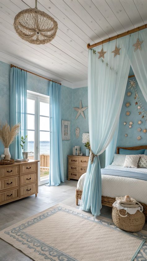 blue boho girls bedroom Boho Girls Bedroom, Seashell Decorations, Dreamy Space, Boho Inspo, White Sheer Curtains, Sea Shell Decor, Lake House Decor, White Curtains, Ocean Inspired