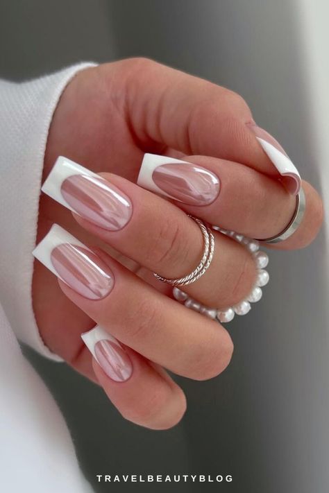 30 Gorgeous Chrome French Tip Nails Ideas To Easily Recreate White Tip Nails Chrome, White Nail With White French Tip, Nails French Ideas Square, Square French Tip Color, Nails For Special Occasion, French Tip With Chrome Square, Short Nail With Design, Nails White Tip Design, French Tip Square Nails With Design